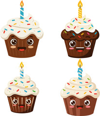 Four Delightful Birthday Cupcakes with Candles and Sprinkles for Celebrations
