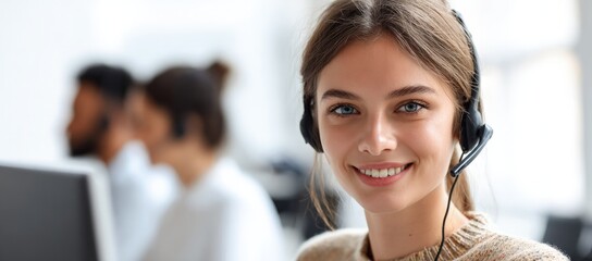 Obraz premium Smiling female call center operator with headset in bright office environment, ideal for customer support service promotions, help desk ads, and business communication projects