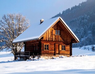 Rustic wooden chalet in snowy landscape