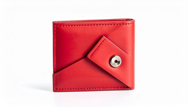 A red wallet with a triangular flap and metallic button closure rests on a neutral surface—its bold color and angular design evoke modern precision, crafted elegance, and geometric confidence.