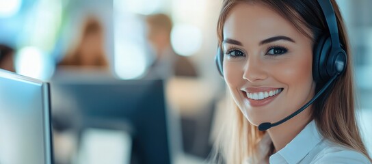 Smiling call center representative with headset working at computer in bright office, perfect for customer support ads, online consultation services, and business communication visuals