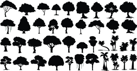 set of silhouettes of trees