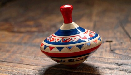 A vibrant spinning top with red, blue, orange, and white geometric patterns rests on wood—its conical shape and pointed tip evoke playful motion, nostalgic physics, and tactile childhood rhythm.
