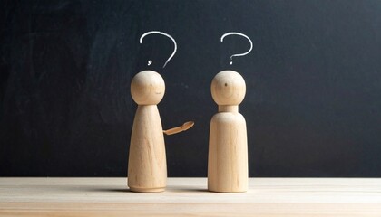 Two wooden figurines—one smiling, one sad—stand on a wood surface against a chalkboard backdrop, evoking emotional contrast, quiet empathy, and the symbolic simplicity of human connection.