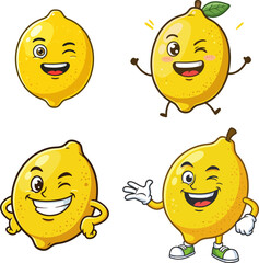 A delightful set of winking lemon fruit cartoon characters, showcasing happy expressions and cheerful poses for a fun mascot design