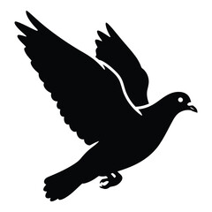 Silhouette of a black dove in flight with wings spread wide and open silhouette