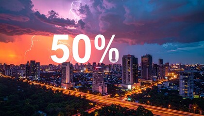 A vibrant cityscape at sunset—alive with glowing lights and a dramatic lightning strike overhead. Bold “50% OFF!!!” text with stars and airplanes adds playful urgency to this electrified urban moment.