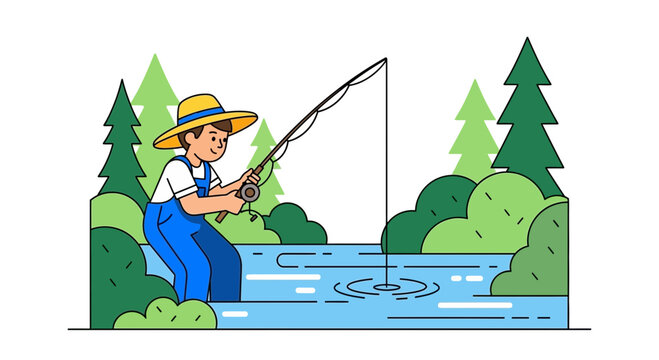 Animated Illustration Of A Fisherman Enjoying Leisure Activity Near A River Or Lake