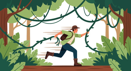 Adventurer's Perilous Journey: Exploring Jungle's Depths and Overcoming Obstacles Illustration