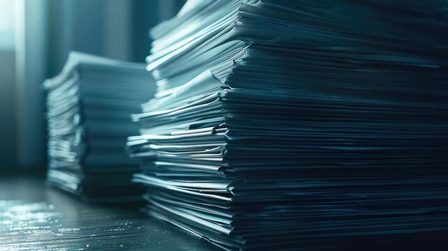A stack of papers resting on a wooden table, suitable for office or study settings