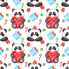 Fototapeta premium Seamless Pattern of Christmas Pandas With Gifts