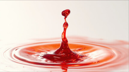 Single drop of viscous ruby red liquid creates splash on smooth surface