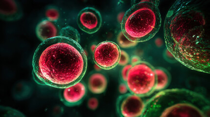 Microscopic view of vibrant Haematococcus pluvialis algae cells in vivid colors