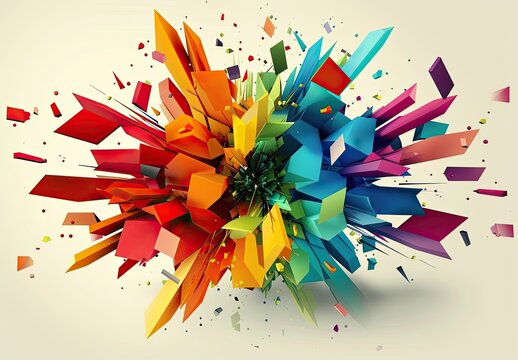 A vibrant explosion of colorful, three-dimensional geometric shapes, radiating outwards from a central point against a muted background - Powered by Adobe