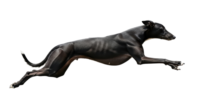 Isolated greyhound dog leaping forward, showcasing powerful musculature and athletic motion