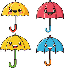 Cute cartoon umbrellas with happy faces, illustration of colorful umbrellas with smiling faces, vector graphics of cheerful umbrellas for rainy weather