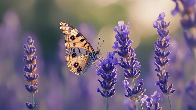 Butterfly perched on lavender flowers with soft bokeh photo background purple insect