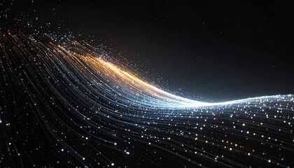 Data Flow Particles – tiny luminous particles streaming diagonally like digital wind, fading into dark space.