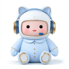 AI and Technology Cartoon Cute Bunny Robot Doll in Blue Outfit with Headphones and Cheerful Expression