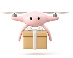 AI and Technology Cartoon Cute Pink Drone Delivering a Gift Box with Ribbon and Bow