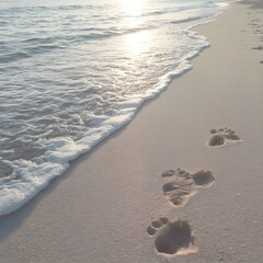 Golden Beach Sunset with Footprints on Sandy Shoreline
