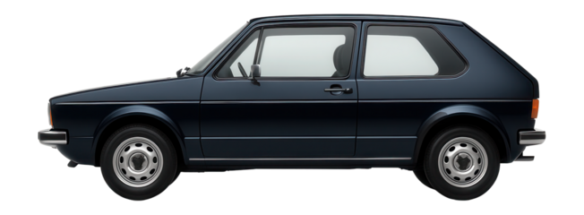 Two-door hatchback with rectangular headlights and chrome bumpers