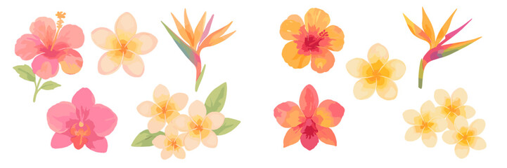 Vibrant watercolor tropical flowers including hibiscus, plumeria, bird of paradise, and orchid blossoms in a beautiful collection