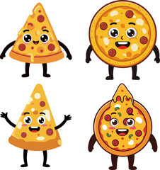 Cute cartoon pizza slice and whole pizza character illustrations in various poses for food fun