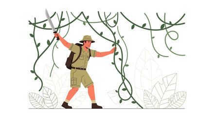 Adventurous Explorer With Machete Navigating Through Lush Jungle Vegetation