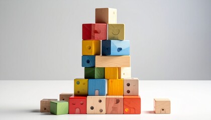 A pyramid of colorful wooden blocks—each with a circular indentation—rises in symmetrical tiers against a plain backdrop, evoking playful geometry, tactile learning, and balanced visual rhythm.
