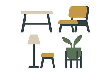 Stylish home interior elements including chairs, table, lamp, and plant pot in a modern design and color palette