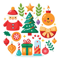 Christmas collection of seasonal elements with Santa and snowman, hand drawn items, vector design

