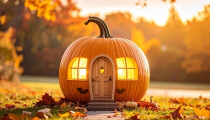 A pumpkin shaped house with carved door glowing warm golden windows deep orange background with fallen leaves
