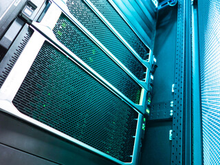 Data Center Servers in Rack with Cables and LED Indicator Lights
