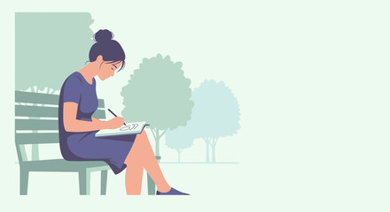 Artist Sketching Outdoors, Woman Drawing in Park, Creative Illustration, Peaceful Moment