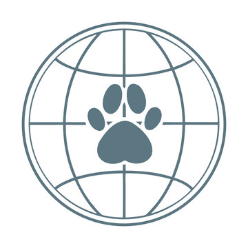 Globe With Latitude And Longitude Lines Featuring Centered Paw Print In Stylized Logo Design Representing Global Animal Care Conservation And Awareness Themes