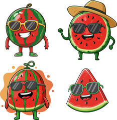 A fun collection of anthropomorphic watermelon characters in sunglasses, celebrating the fresh and joyful spirit of summer vacation