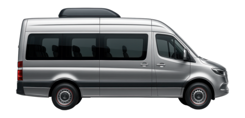 Eight-passenger minibus with a visible roof-mounted air conditioning unit