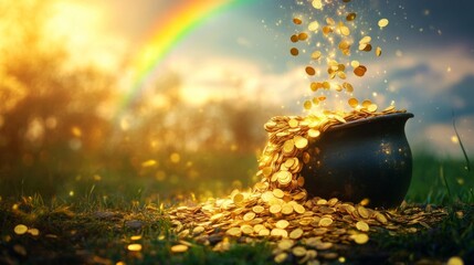 Gold Coins Overflowing From A Pot At The End Of A Rainbow