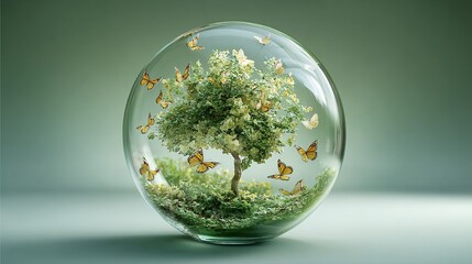 globe. A glass globe containing a miniature tree with floating butterflies, symbolizing nature and wonder. ESG reports.