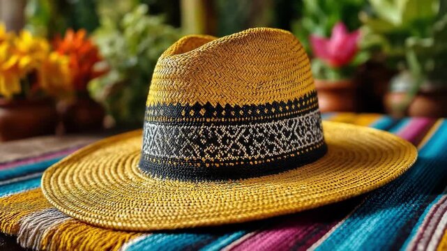 Stylish yellow straw hat with intricate band on colorful serape, vibrant background.