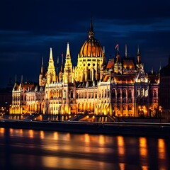 Fototapeta premium Budapest Parliament Building: Night Glow on Danube's Banks