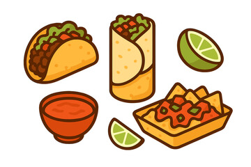 Assortment of popular Mexican food items including taco burrito nachos salsa and lime wedges