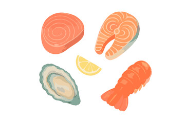 Variety of seafood including salmon, shrimp, oyster, and lemon slice on a plain background