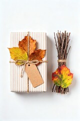 Autumn Gift Wrapped with Leaves and Twigs product mockup photo E-commerce marketing poster Background shooting scene