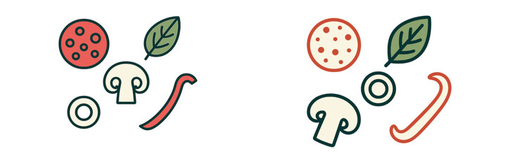 Colorful illustrations of pizza toppings including peppers, mushrooms, and pepperoni