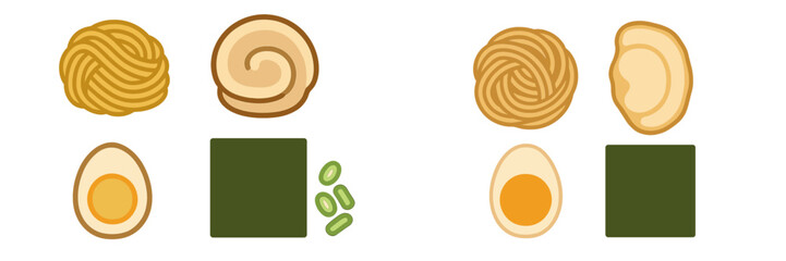 Creative display of traditional Japanese foods featuring sushi rolls and egg dishes arranged on a white background