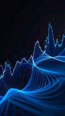 Abstract digital stock market chart with glowing blue lines and bokeh effects representing financial growth and analysis.
