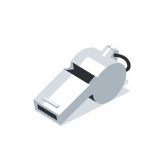 Isometric 3D vector icon of a classic silver metal referee or coach whistle isolated on a white background.