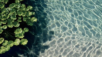 Green lily pads floating on dark water with sunlight patterns on clear water surface nature aquatic